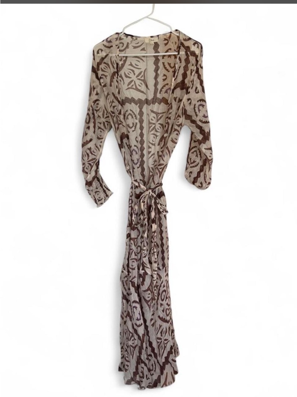 Elan Boho Midi Duster Taupe & Brown Patterned Size Small